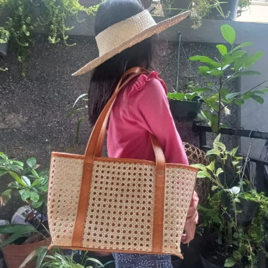 Mini Kids Cane Tote Purse Woven Rattan with Leather Handles