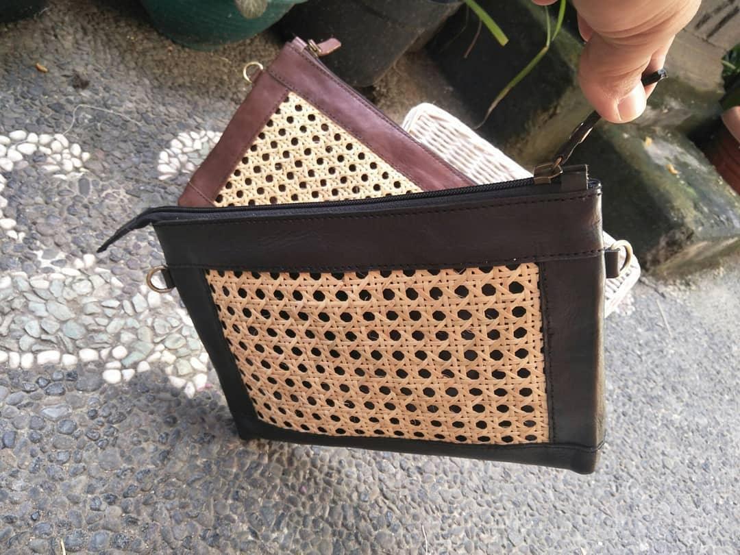 Webbing Rattan Leather Wallet Dark Brown