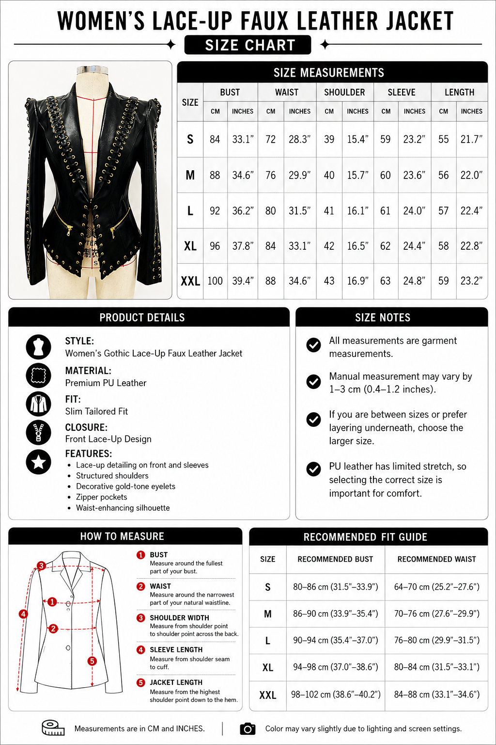 Women slim fit lace up faux leather jacket