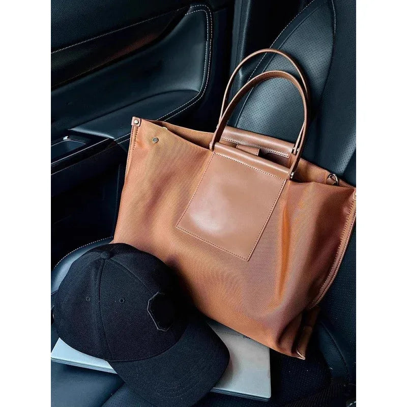 French Nylon Tote Bag for Women with Leather Handles