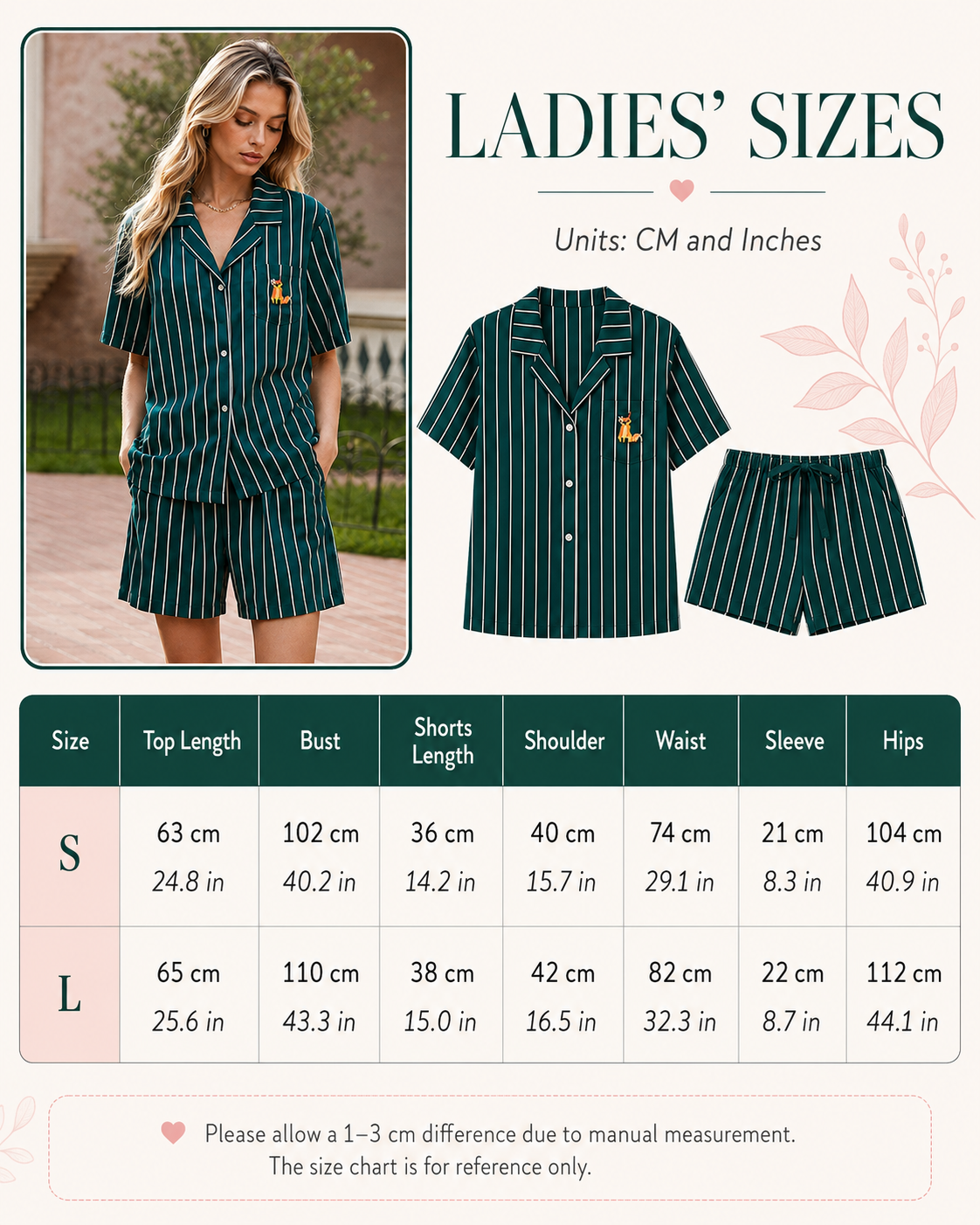 A size chart and sizing table for a women's two-piece pajama set. The chart includes a model wearing the pajama set in a lifestyle inset, a flat lay of the pajama shirt and shorts, and a measurement table listing sizes S and L with top length, bust, shorts length, shoulder, waist, sleeve, and hip measurements in centimeters and inches.