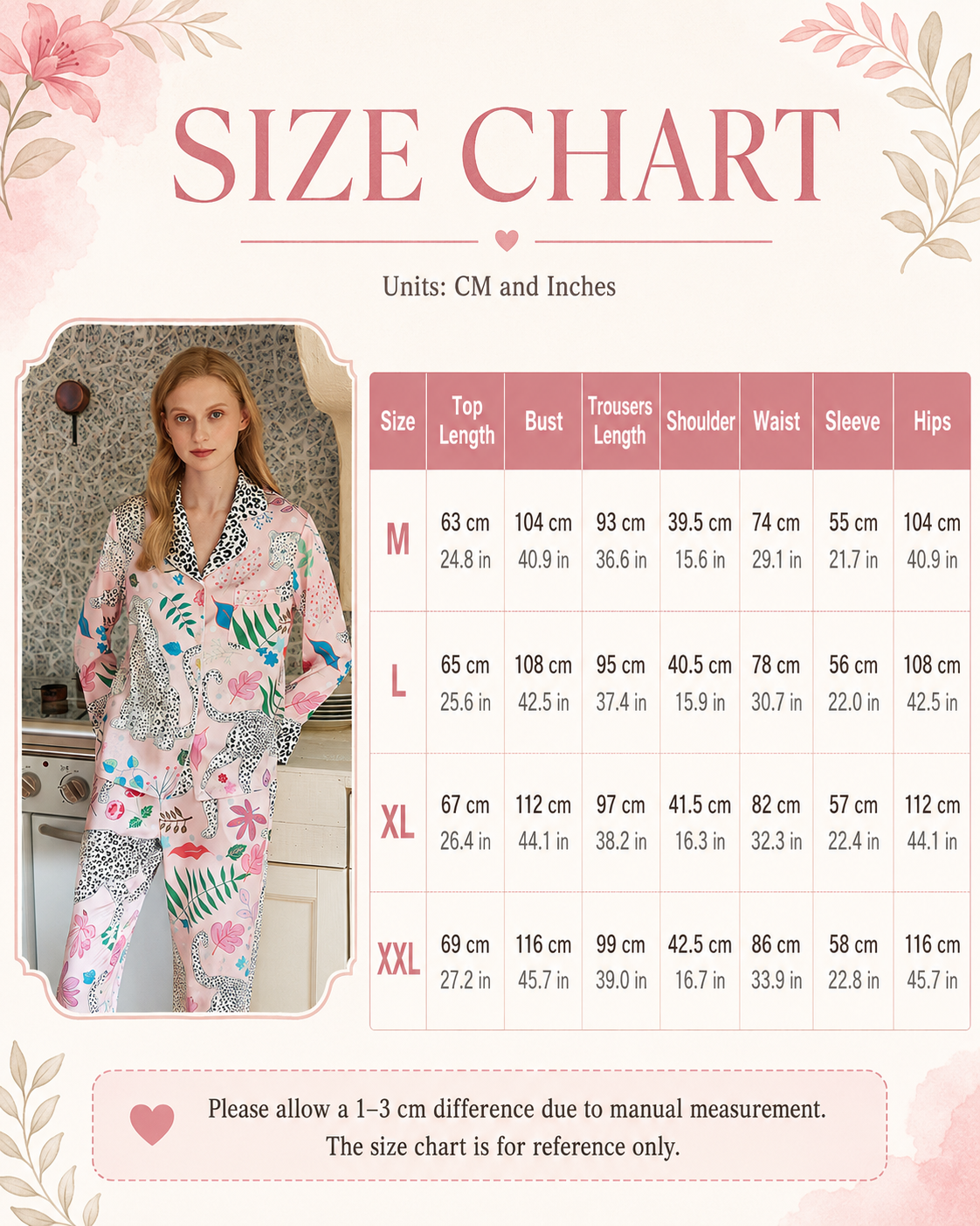 A size chart graphic for a women's pajama set, featuring a model wearing the pajamas on the left and a detailed sizing table on the right with measurements in both centimeters and inches for sizes M through XXL.