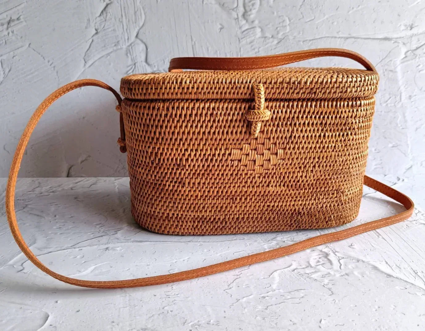 Bali Oval Rattan Crossbody Purse With Woven Lid Detail