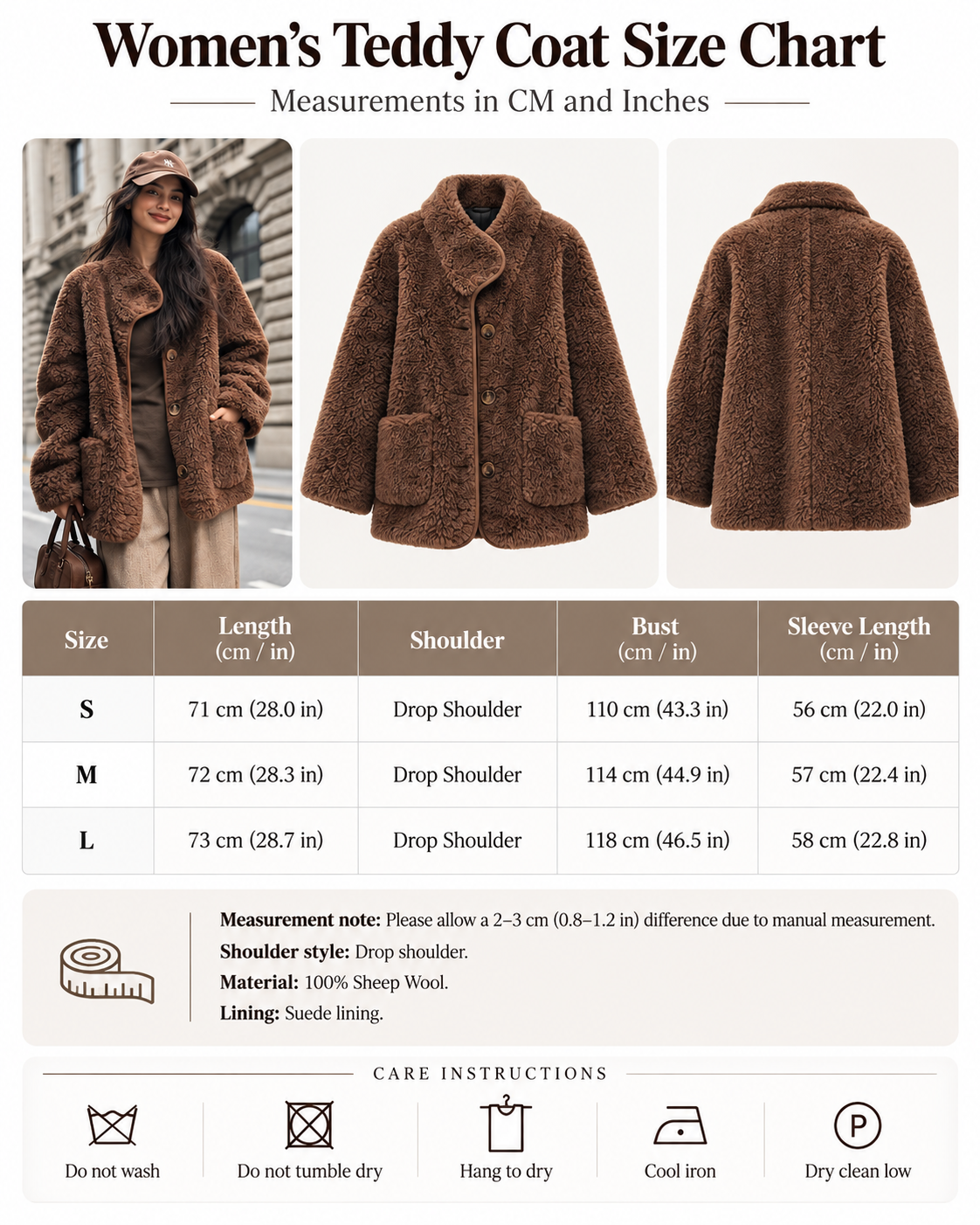Women's Fur Coat Reversible Lambswool Style in Brown Sheep Wool