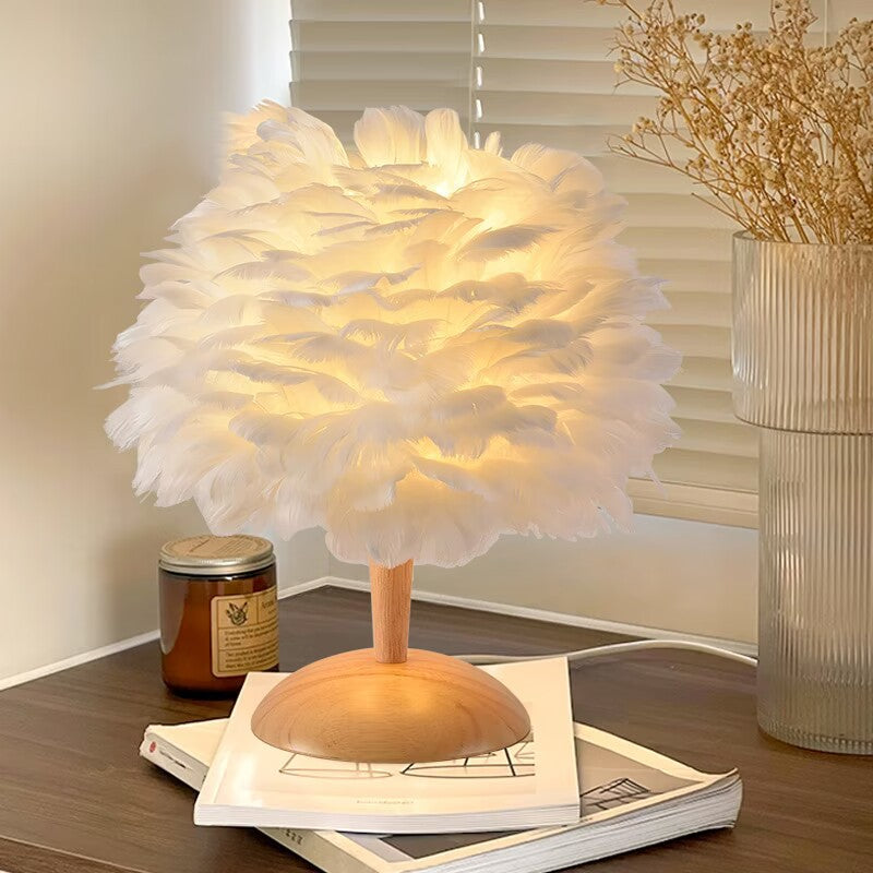 Feather Table Lamp for Bedroom with Wooden Base