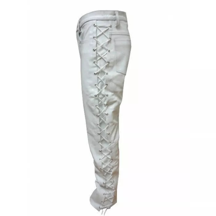 White Leather Biker Pant Men's