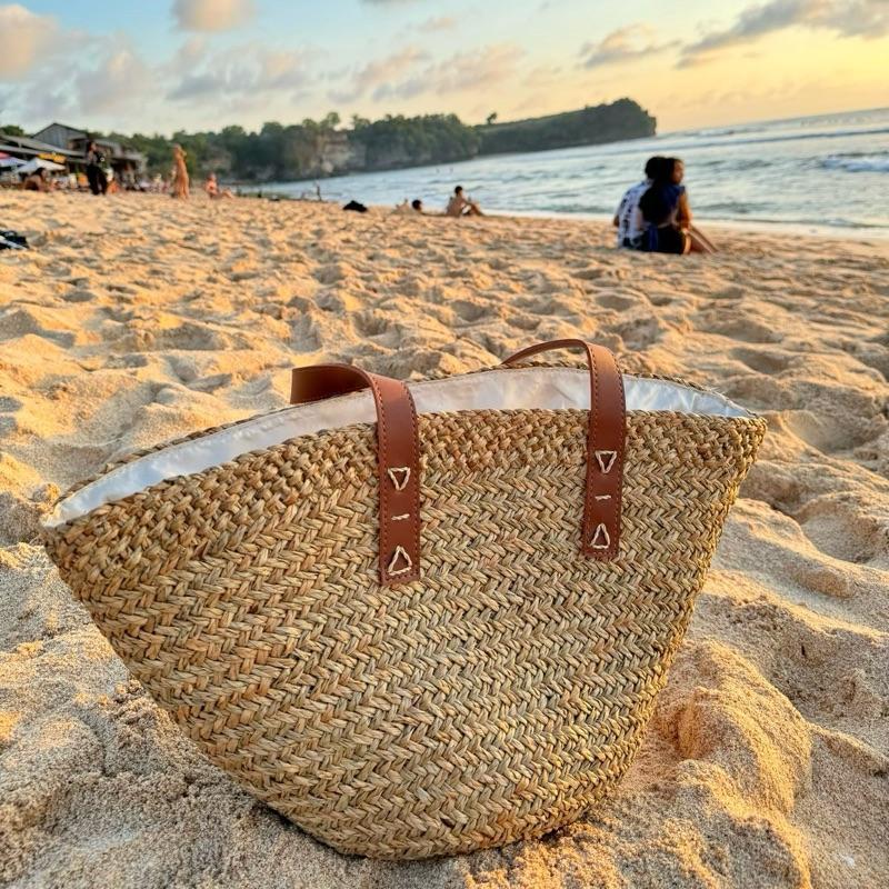 Woven Mendong Rattan Bag Beach Tote with Drawstring
