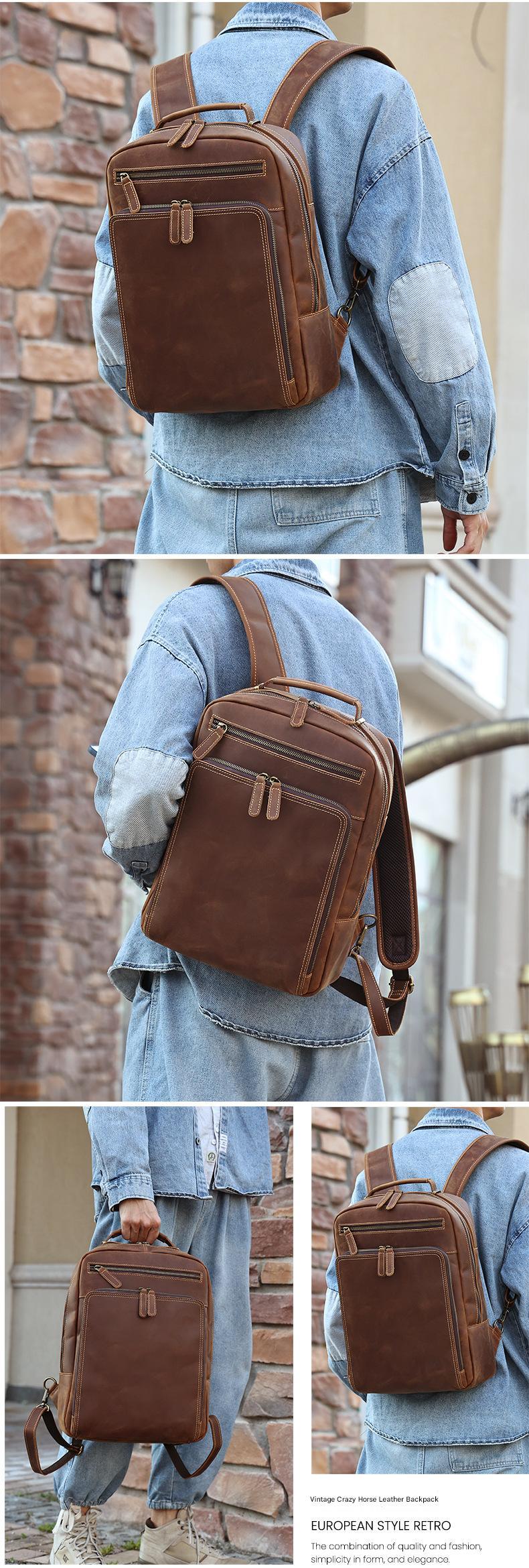 Men’s Leather Backpack with Trolley Sleeve 15.6-Inch Laptop