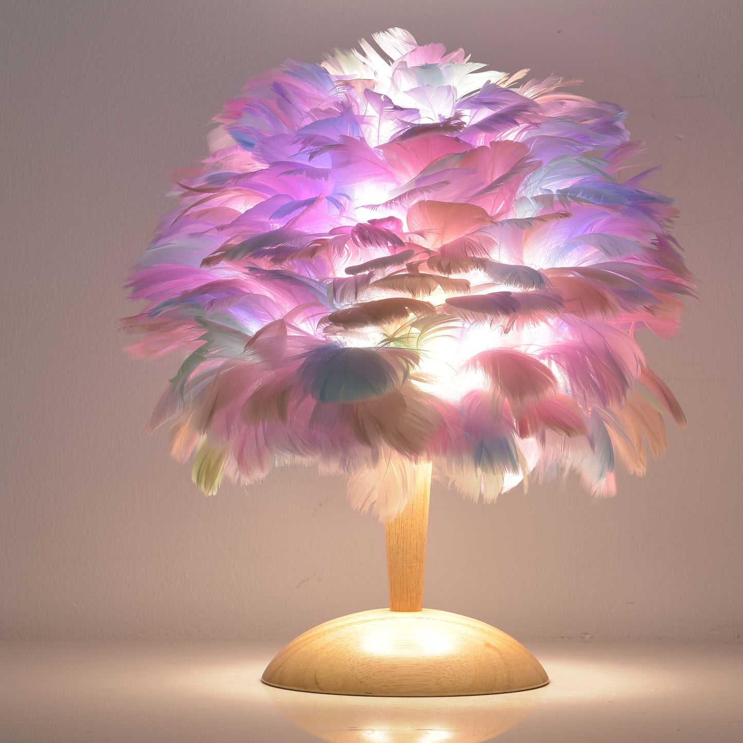 Feather Table Lamp for Bedroom with Wooden Base
