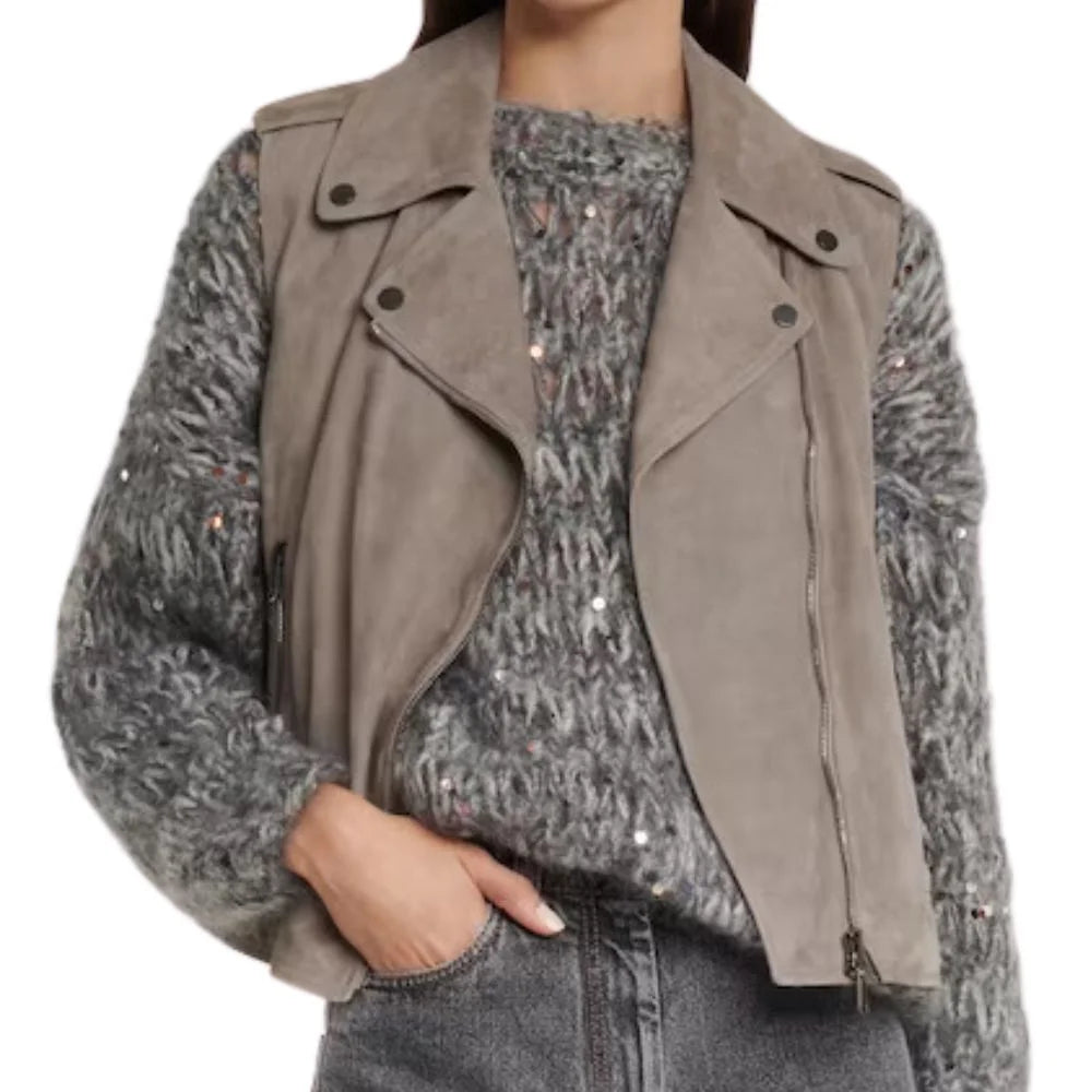 Grey Suede Motorcycle Leather Vest Women