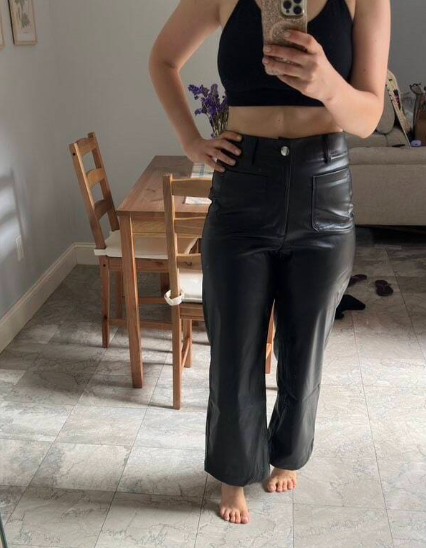 Women's Front Pocket Real Leather Pants Wide Leg