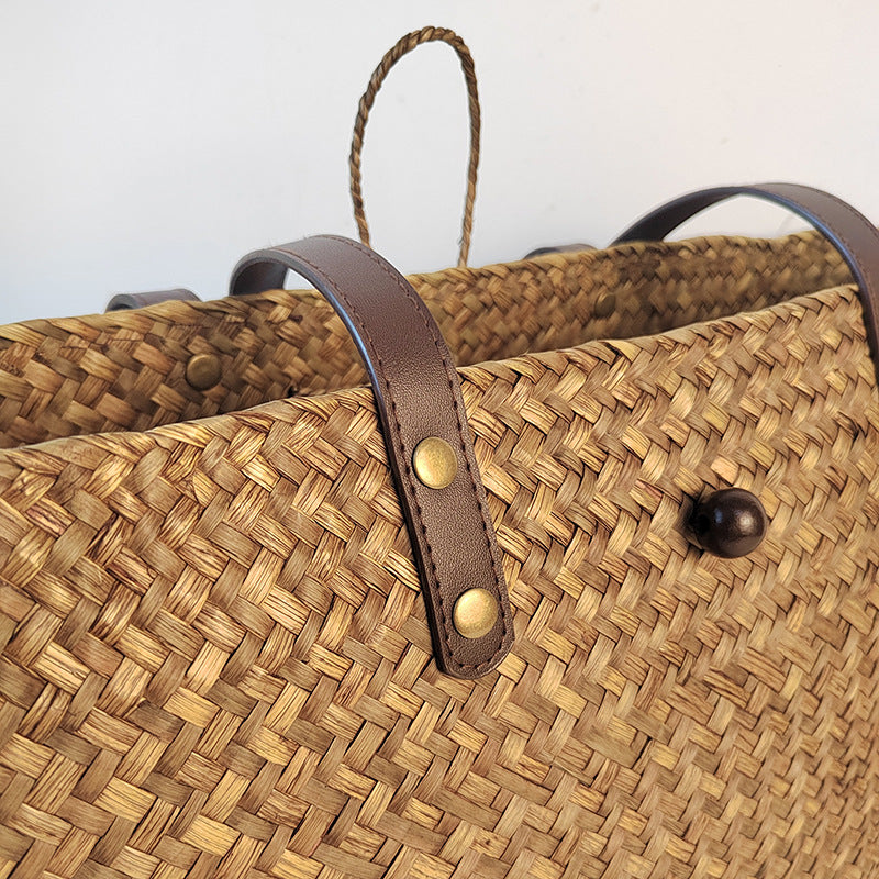 Large boho straw tote bag with leather shoulder straps