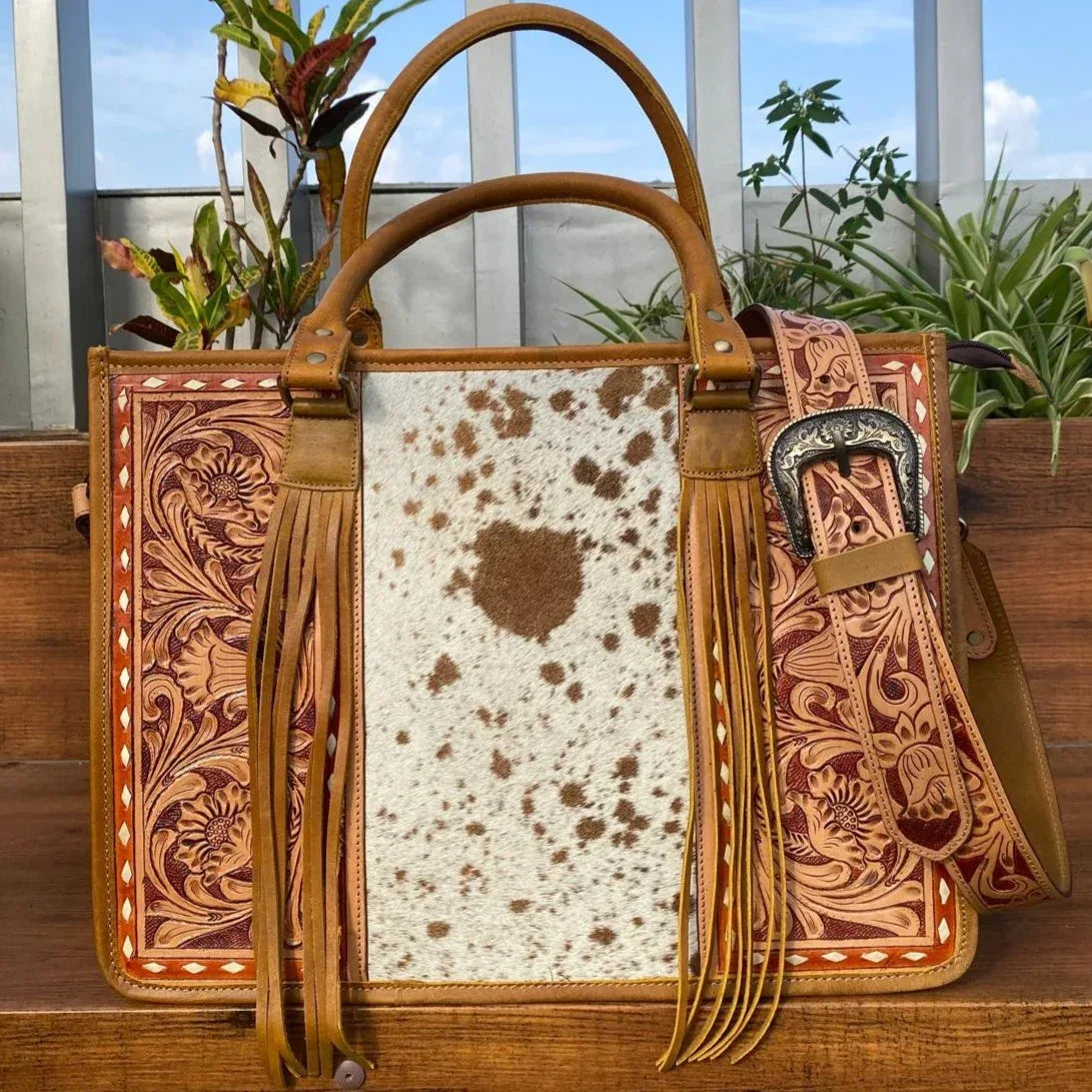 Tooled Leather Cowhide Shoulder Bag – Boho Living Room