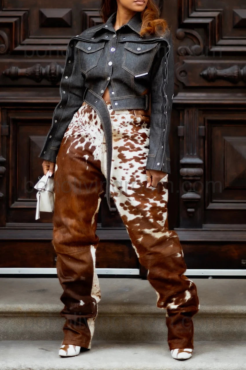 Women cow pants made from real cow skin, designed for rodeo, western styling, and country outfits. Hair-on-hide fur finish with strong seams and tailored options.