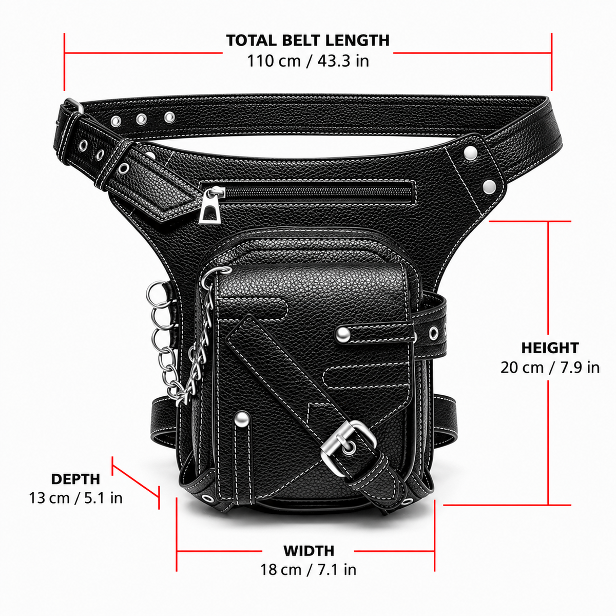 Faux Leather Waist Bag with Thigh Strap and Chain