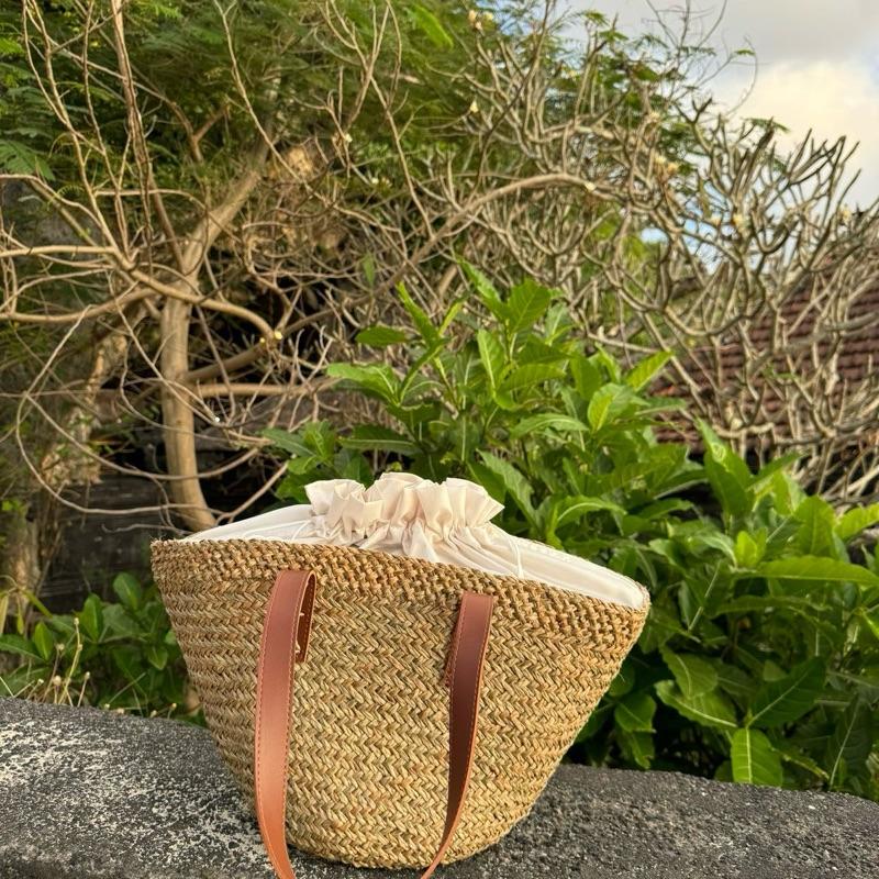 Woven Mendong Rattan Bag Beach Tote with Drawstring