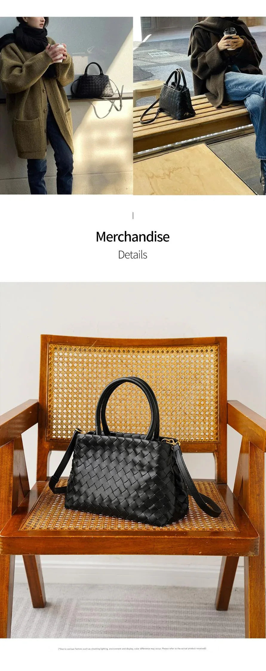 Hand Woven Real Leather Black Tote Crossbody Purse