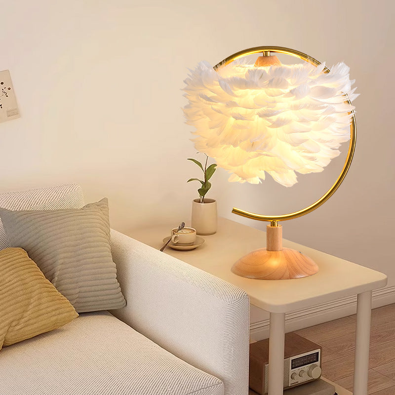 Feather Table Lamp for Bedroom with Wooden Base