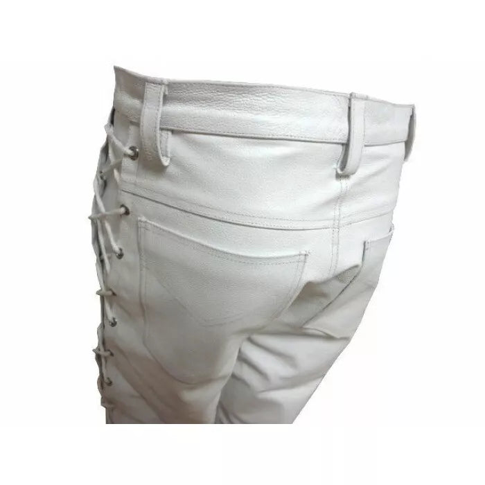 White Leather Biker Pant Men's