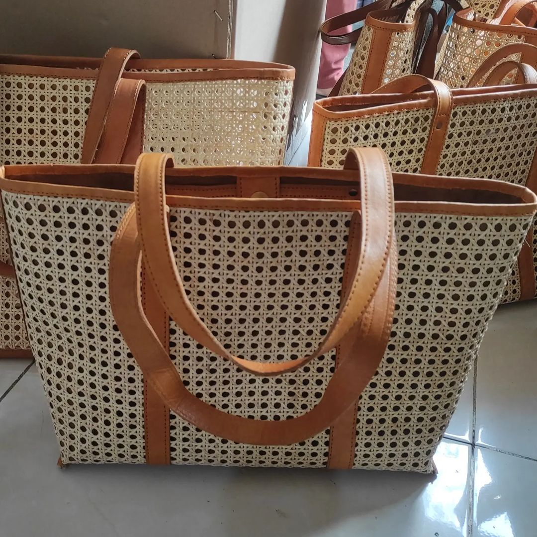 Medium Cane And Leather Tote Bag