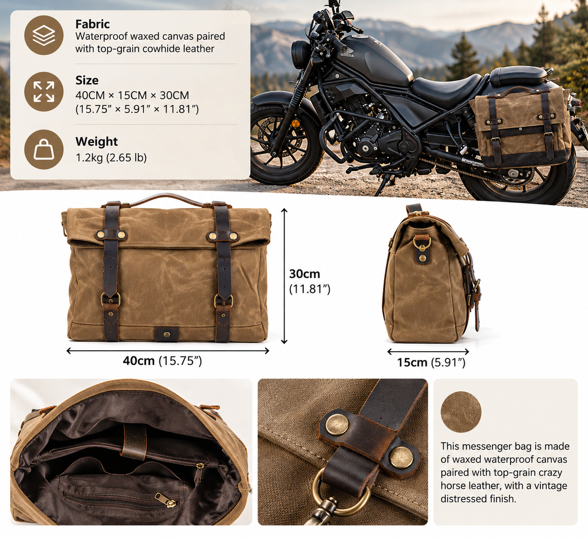 Canvas Motorcycle Saddlebag with Waxed Finish and Cowhide Leather Straps
