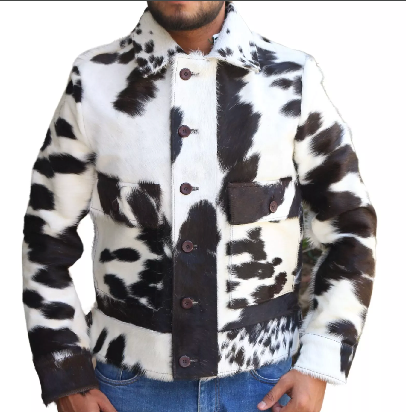 Cow print jacket mens style designed with real cowhide leather, full sleeve length, and buttoned front—ideal for modern cowboy fashion and everyday wear.