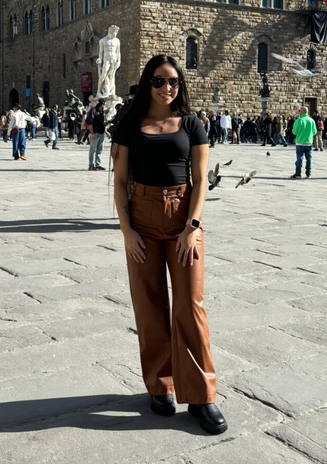 Women's Front Pocket Real Leather Pants Wide Leg