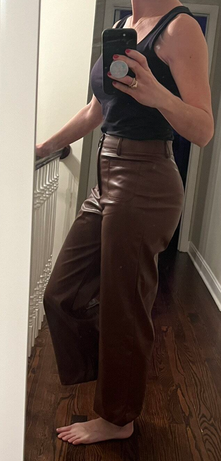 Women's Front Pocket Real Leather Pants Wide Leg