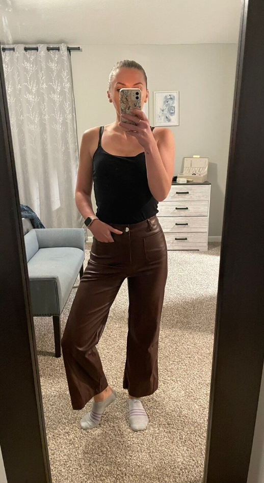 Women's Front Pocket Real Leather Pants Wide Leg