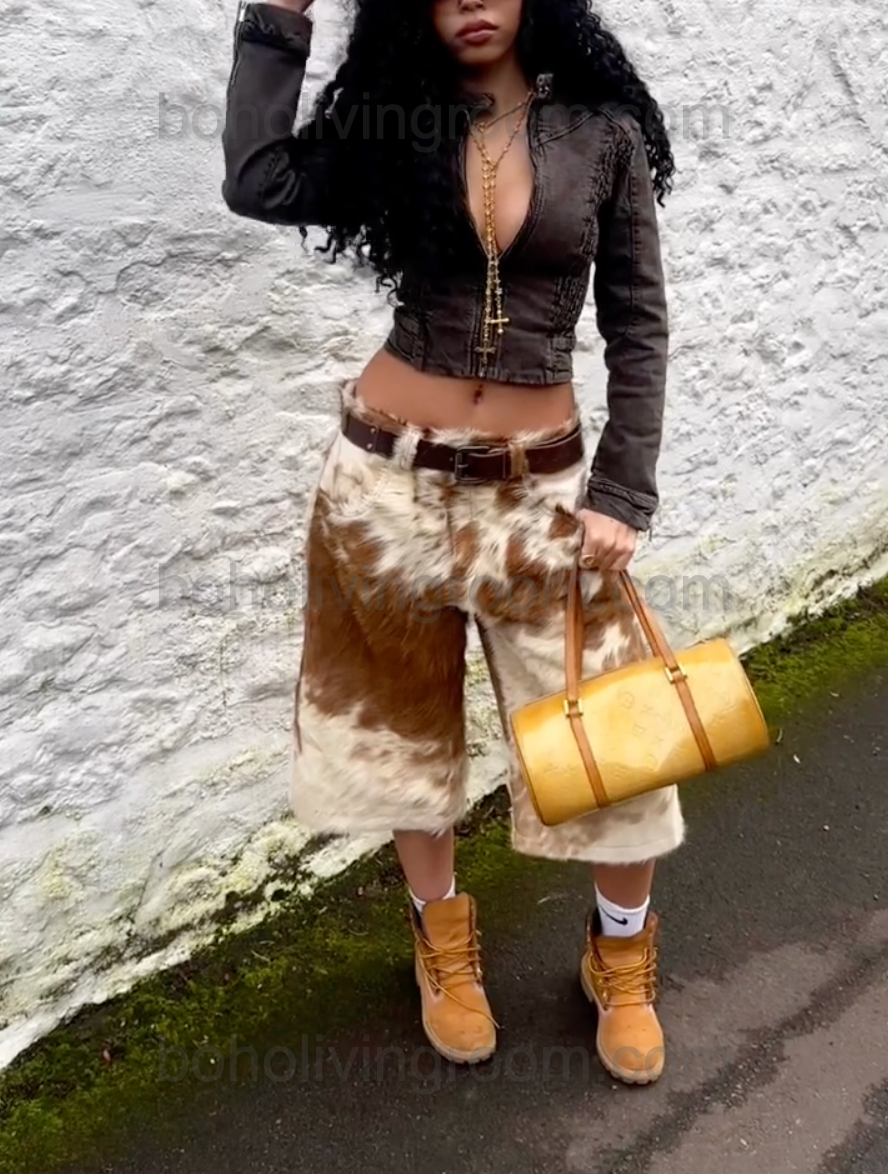 Three quarter cow fur shorts made from real hide—great for cowgirl outfits, rodeo fashion, and outdoor styling.