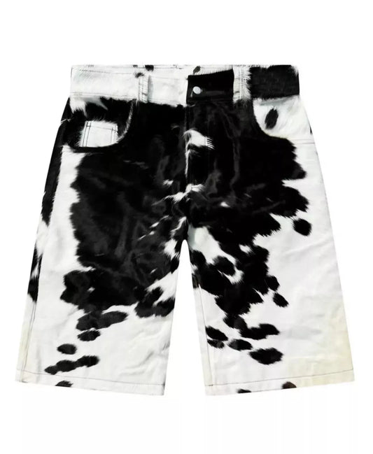 Real cow print shorts made from black and white hair-on cowhide. Tailored fit with pockets, perfect for men cowhide shorts and western outfits.