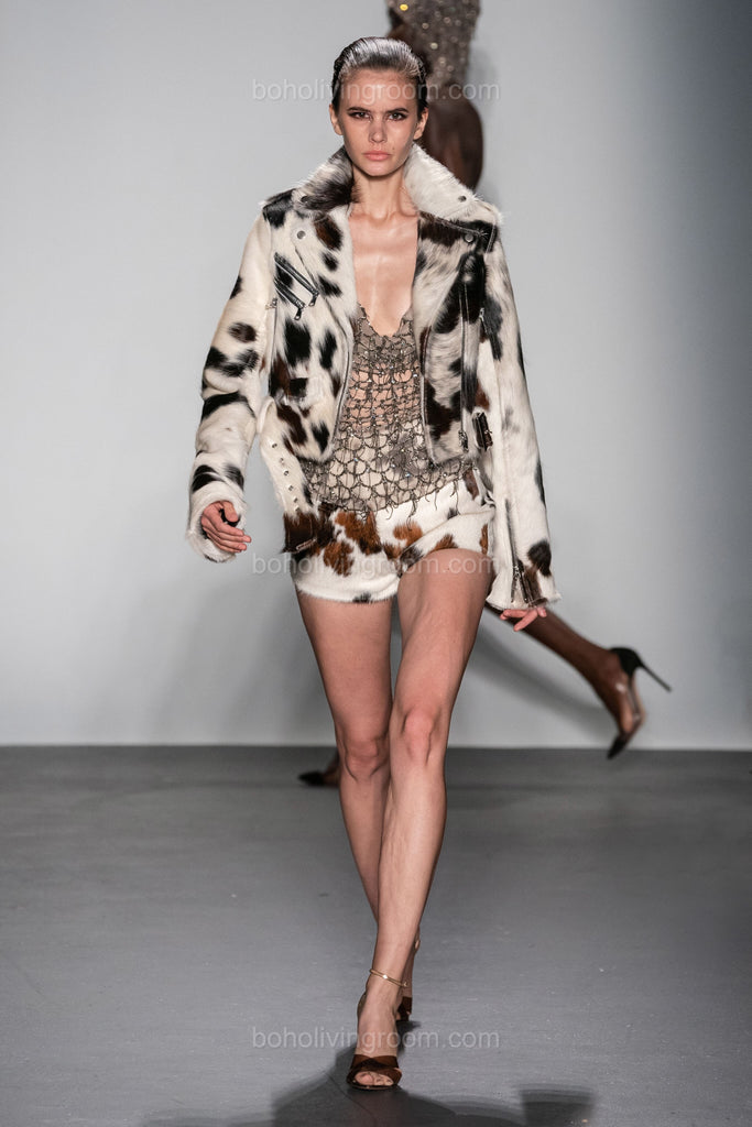 Real cow skin jacket and matching cowhide shorts set in black, brown, and white—built for bold cowgirl looks, runway style, and Western streetwear.