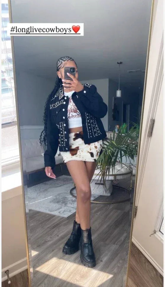 Brown White Real Cowhide Mini Skirt