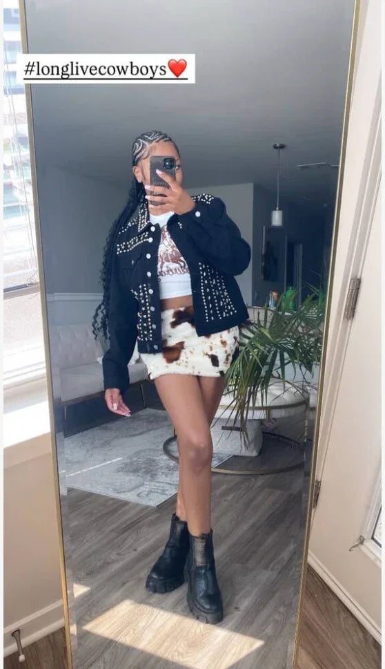 Brown White Real Cowhide Mini Skirt