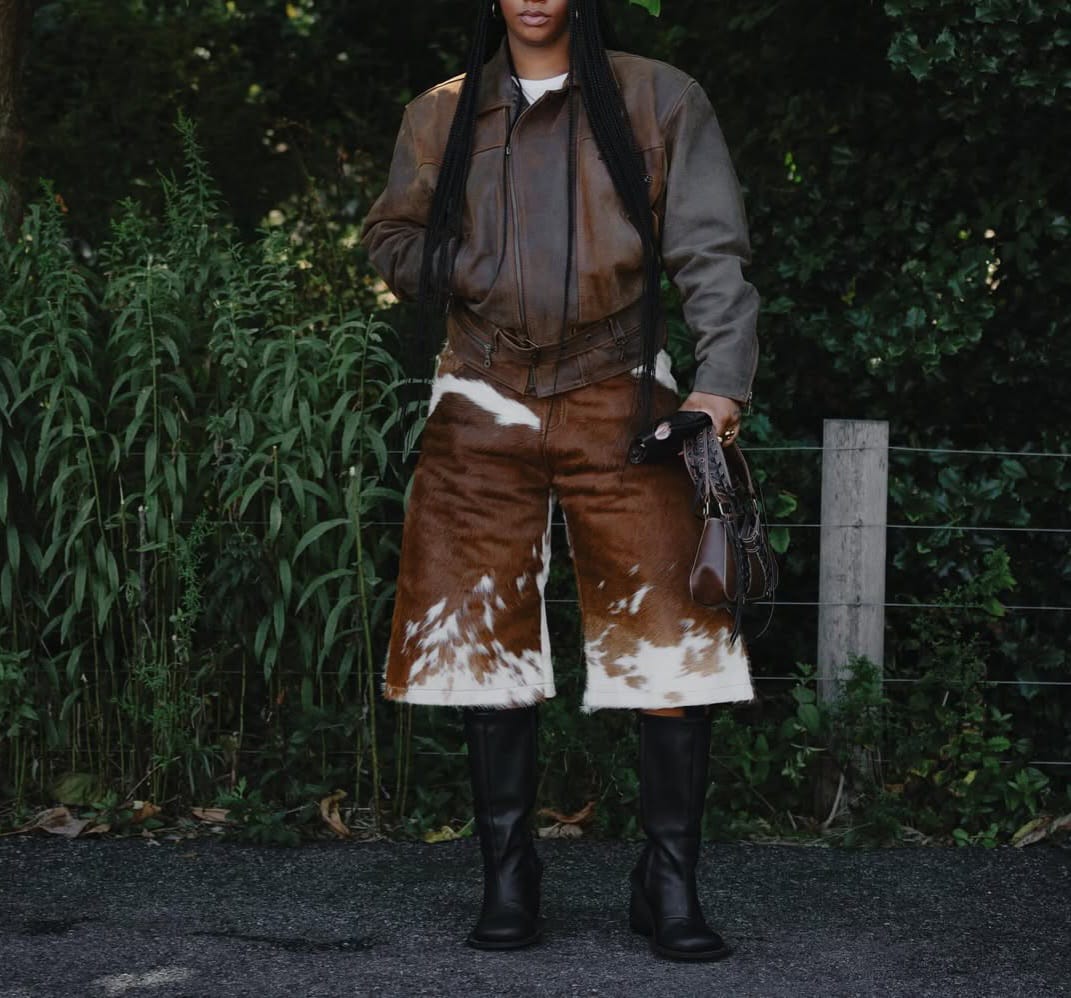 Women Cowhide Fur Shorts Brown White