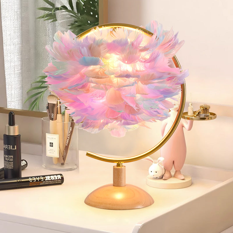 Feather Table Lamp for Bedroom with Wooden Base