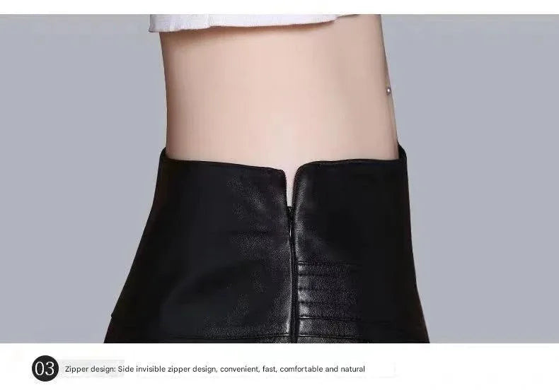 High Waist Leather Midi Skirt Black Swing A-Line Skirt