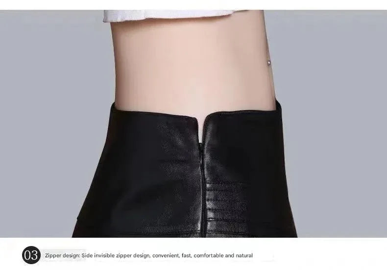 High Waist Leather Midi Skirt Black Swing A-Line Skirt
