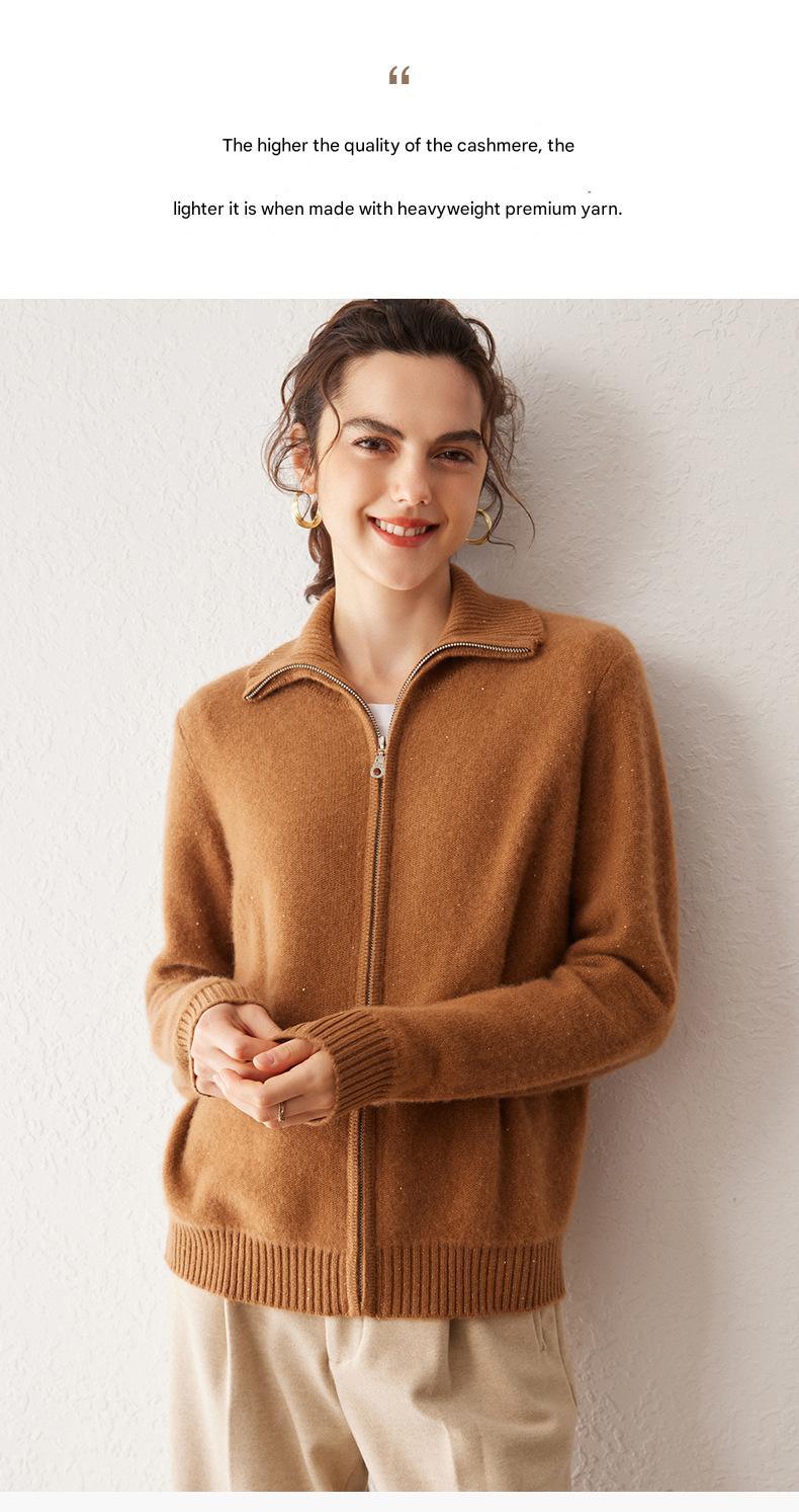 Women’s 100% Pure Cashmere Lapel Zip Cardigan