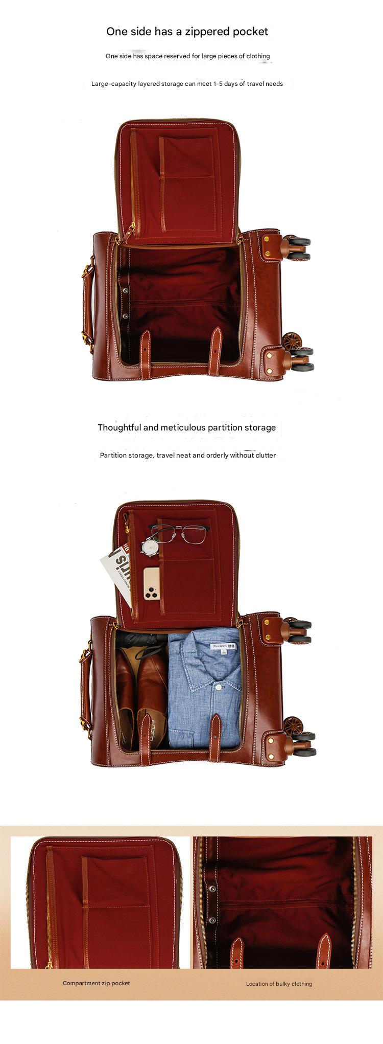 Leather Trolley Suitcase Large Capacity 20 Inch Rolling Luggage