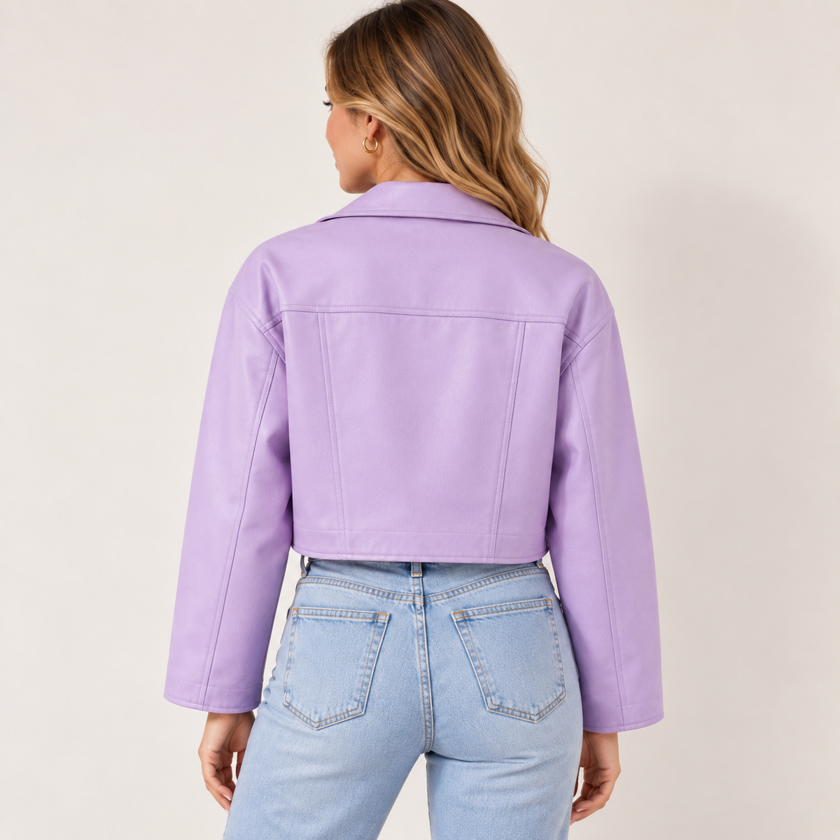 Pink Leather Jacket for Women With Cropped Fit and Patch Pockets
