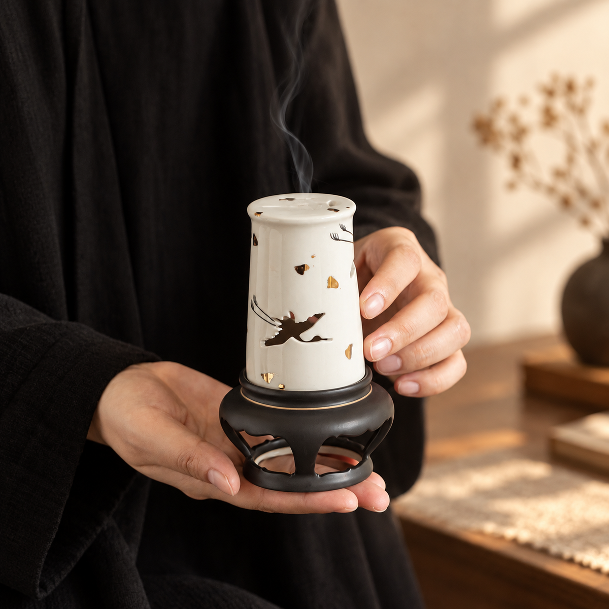 Ceramic Incense Burner with Crane Cutout Lid for Coil Incense