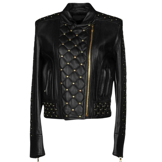 gold studded black leather jacket women