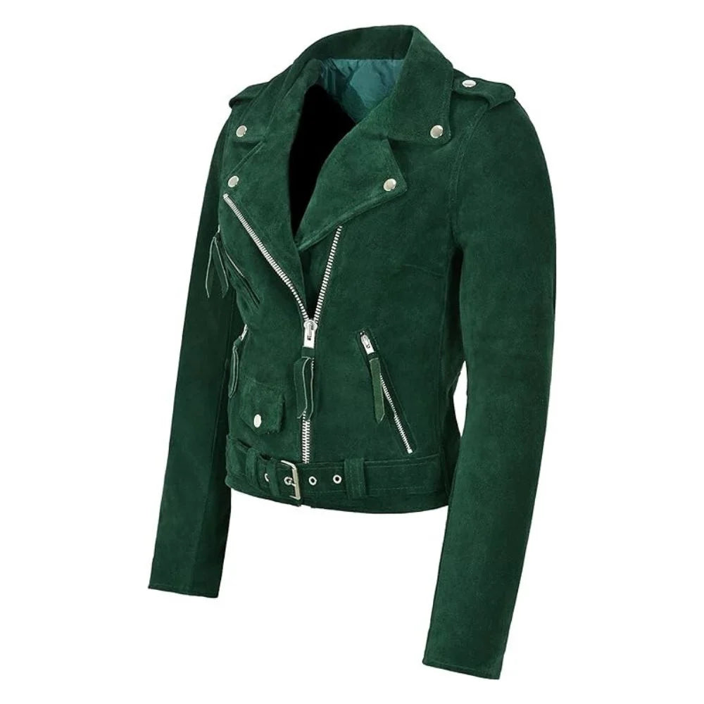 women green suede biker jacket