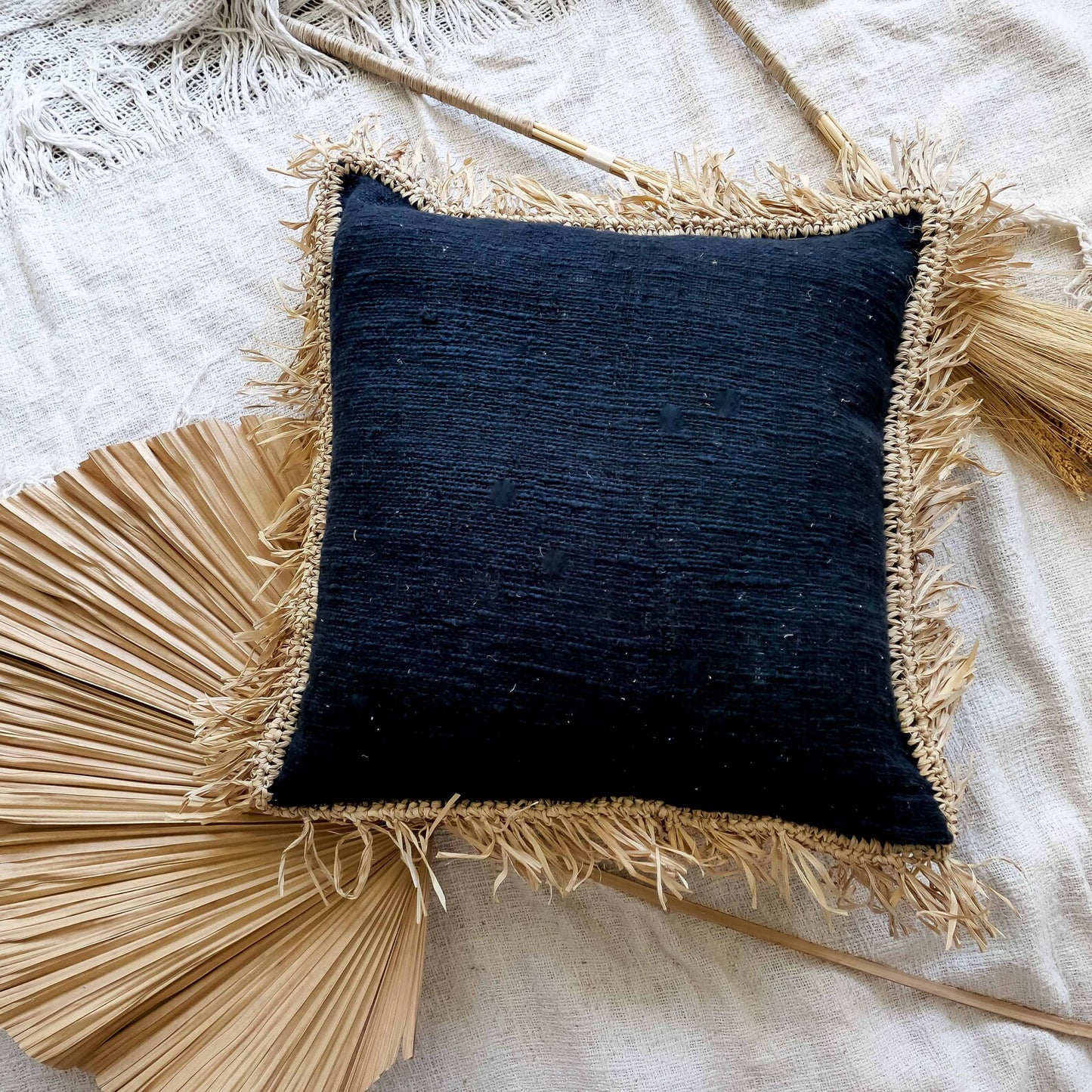 Black organic cotton fringed pillow cover