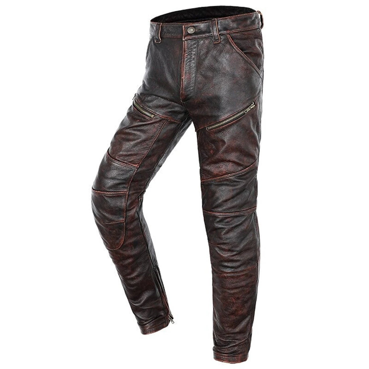 Men brown leather biker pants