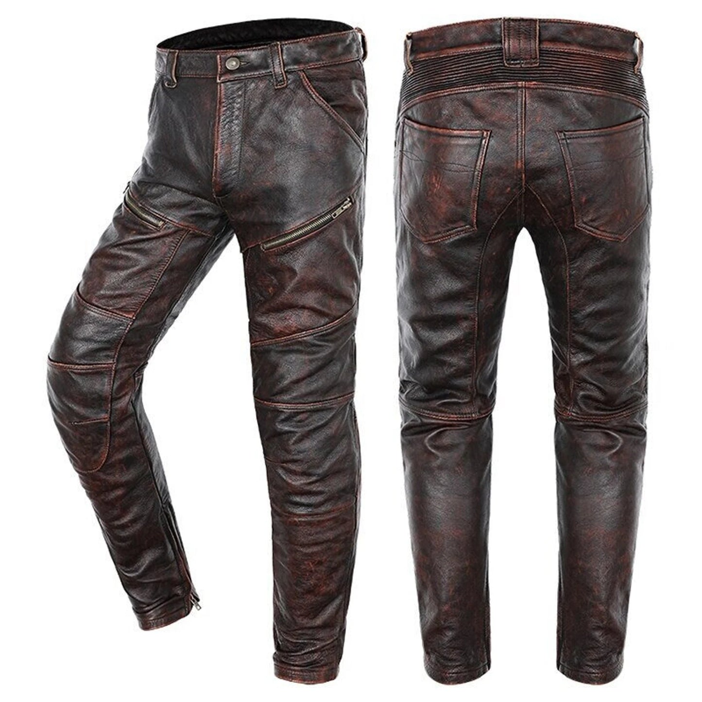 Men brown leather biker pants
