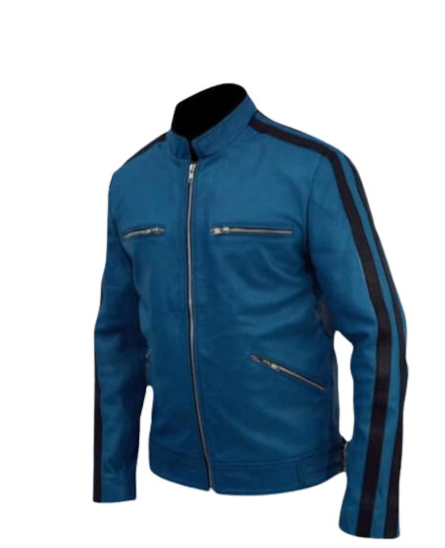 Men’s Real Leather Blue Detective Biker Jacket with Stripes