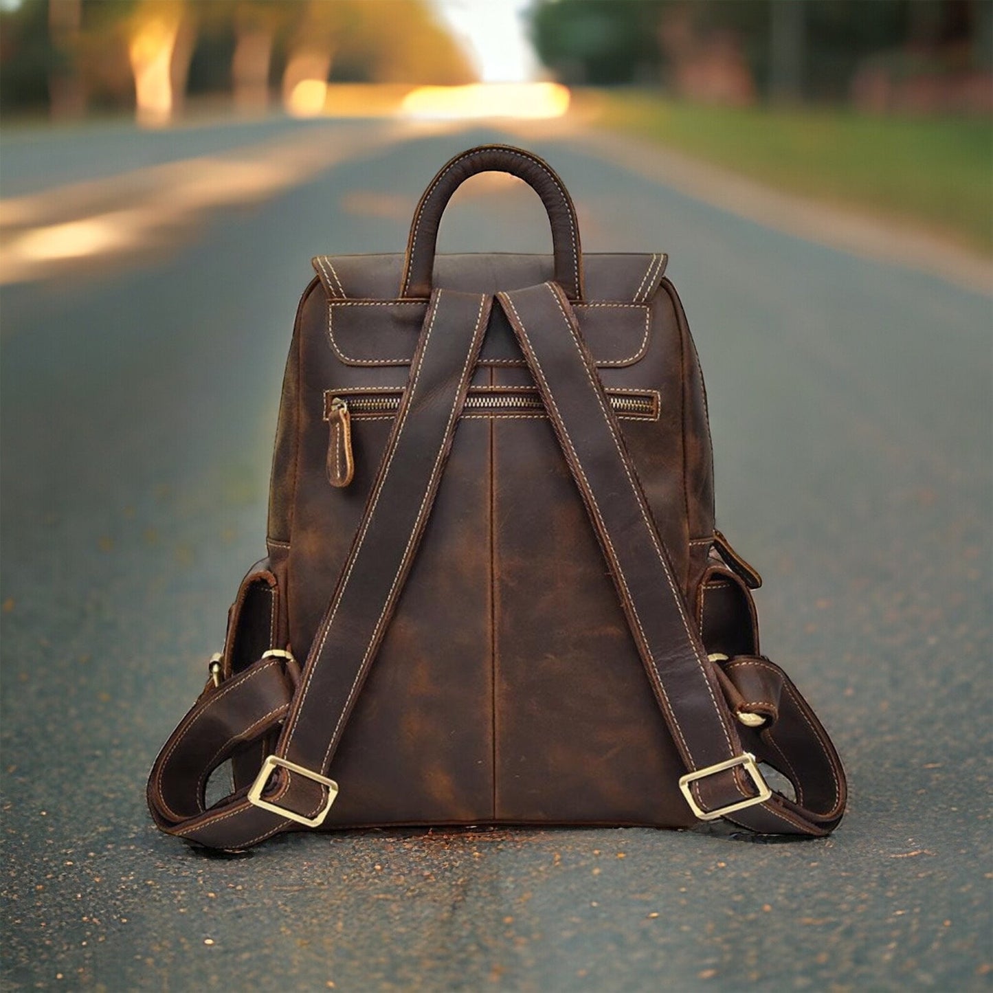 Handmade Cowhide Leather Rucksack Backpack