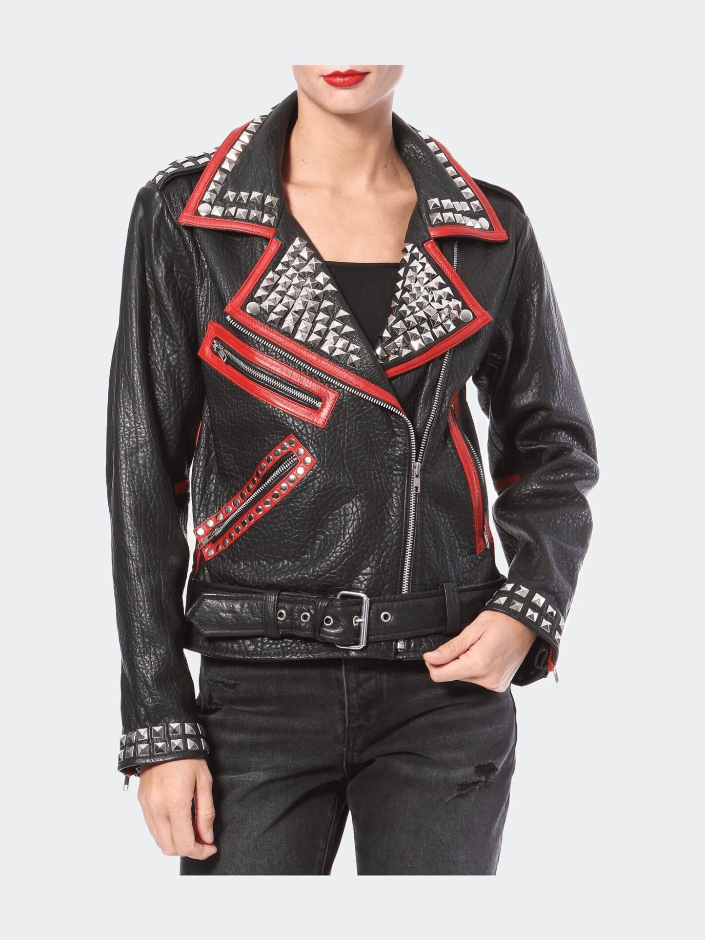 women studded leather jacket moto